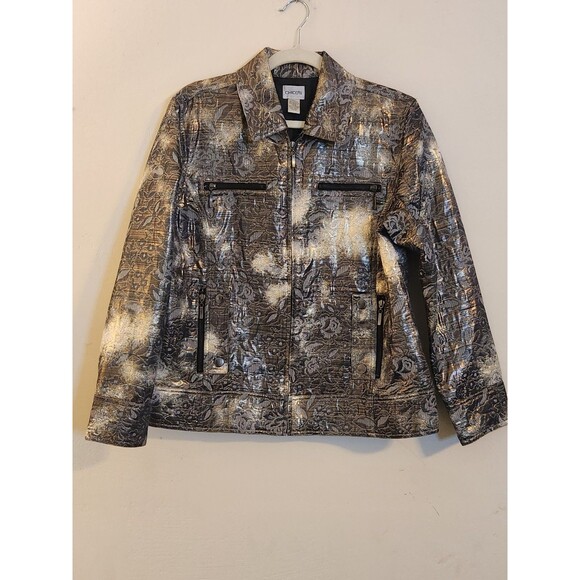 Chico's Jackets & Blazers - Chico's Size 2(12)Long Sleeve fully Lined Zip Up Blazer Bronze Silvery  Metalic‎